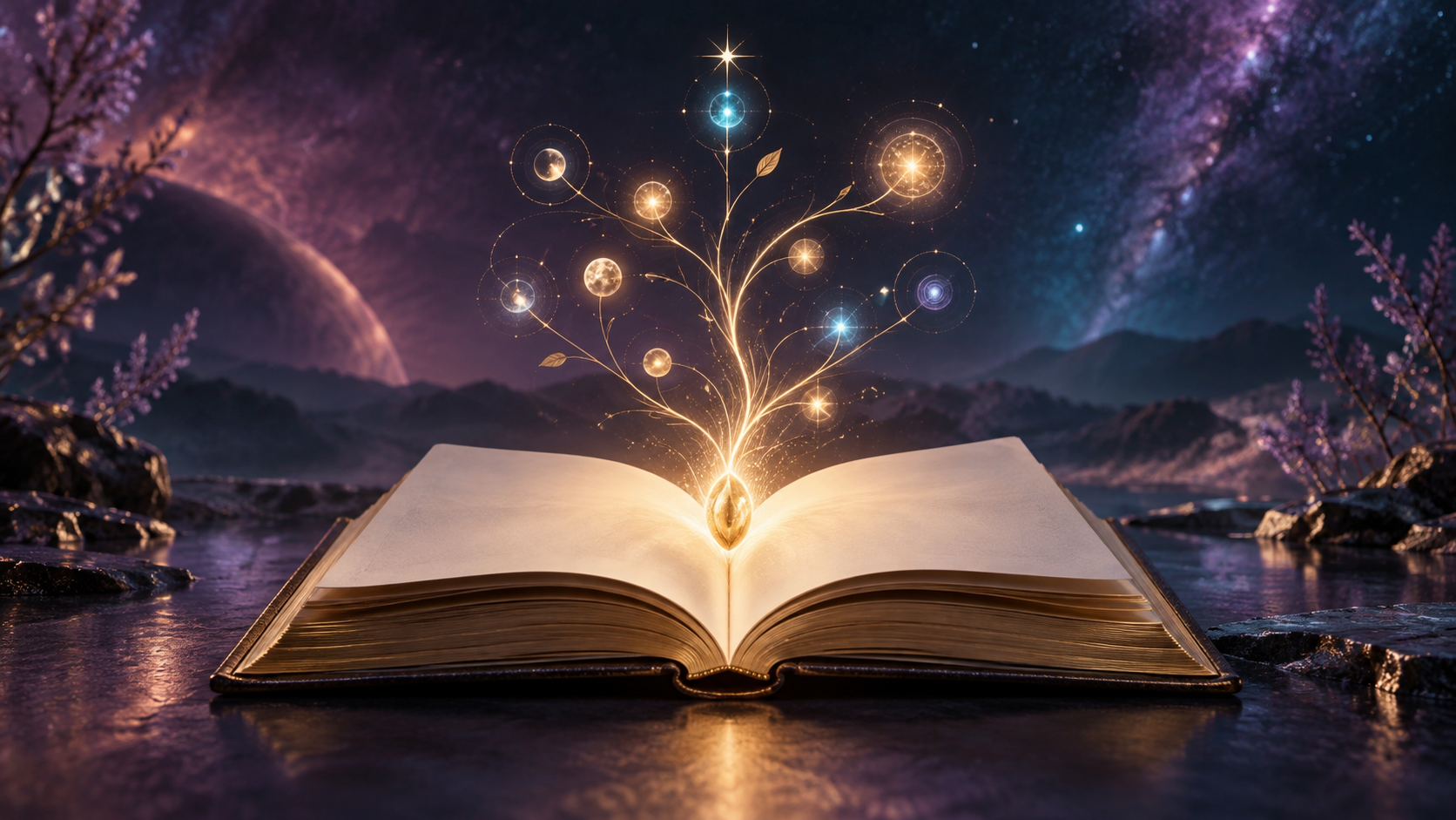 Un libro abierto del que nace un árbol luminoso de ideas