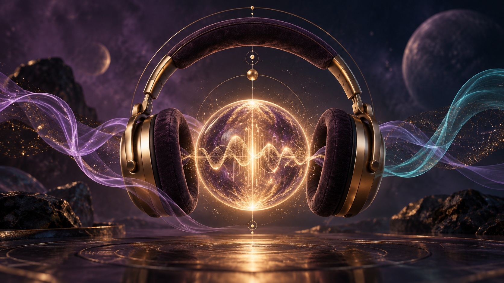 Auriculares rodeando una esfera de sonido luminosa