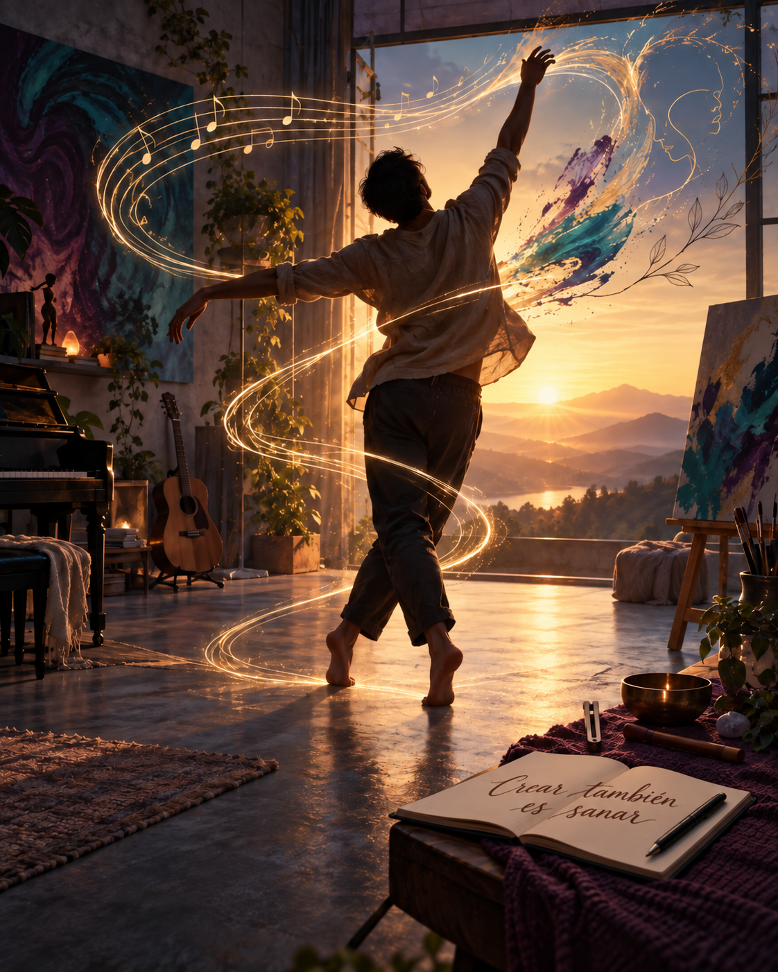 Una persona danza mientras la música, la escritura y la pintura se transforman en luz