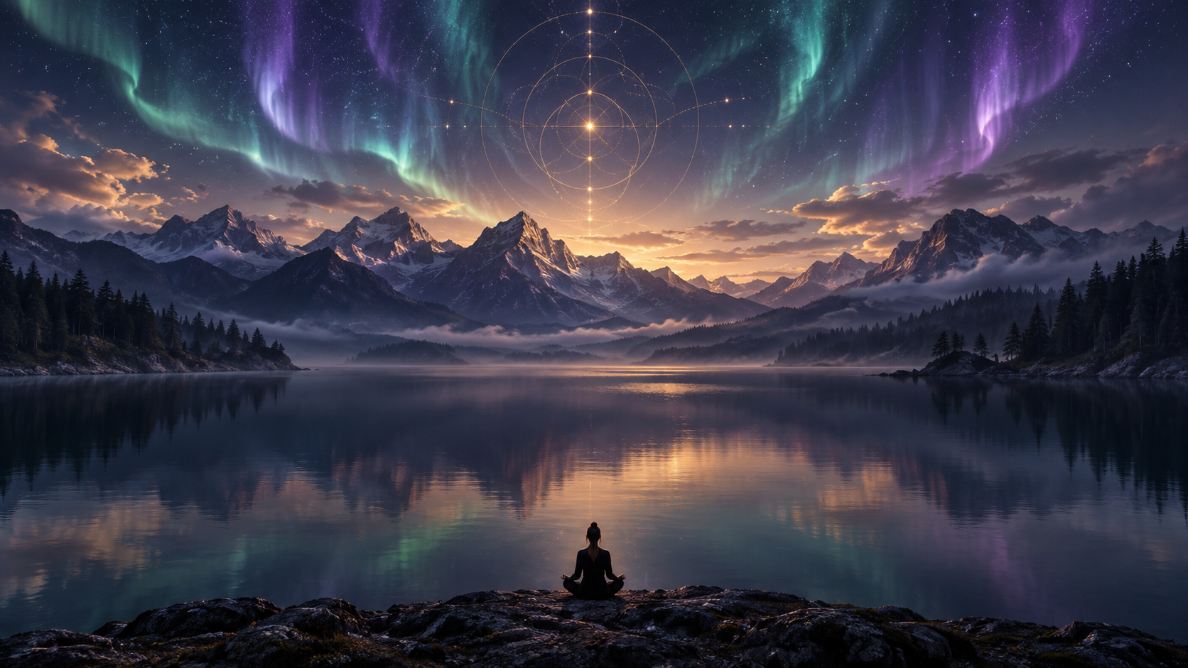 Meditación junto a un lago bajo auroras y geometría sagrada
