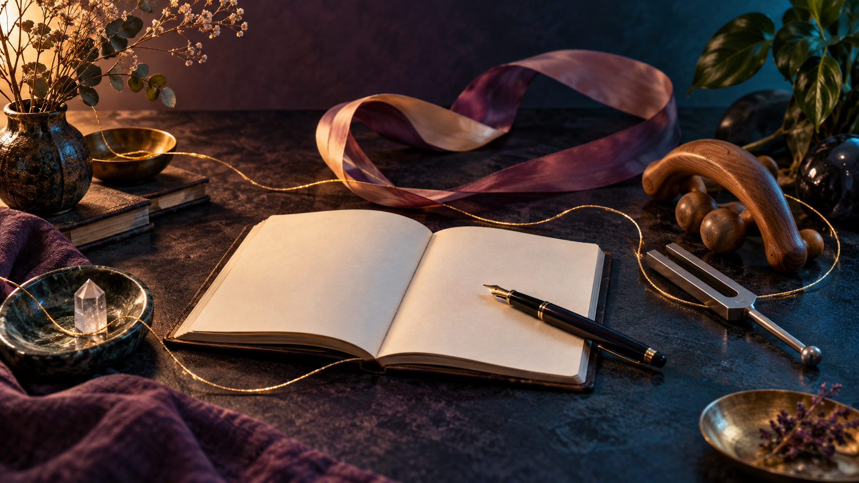 Cuaderno, cinta de danza, diapasón y elementos de cuidado unidos por un hilo dorado