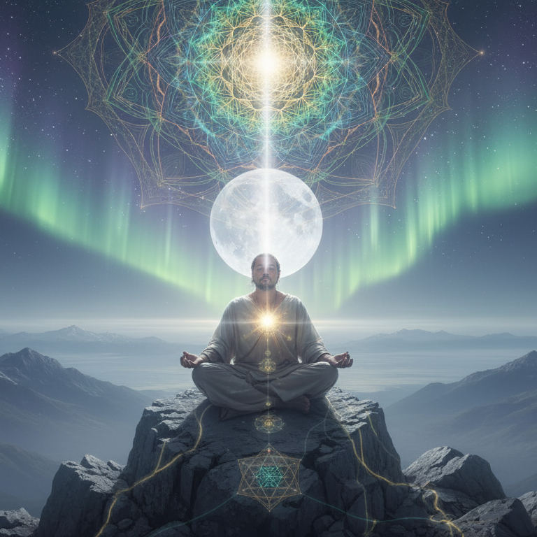 Meditación bajo auroras y geometría sagrada