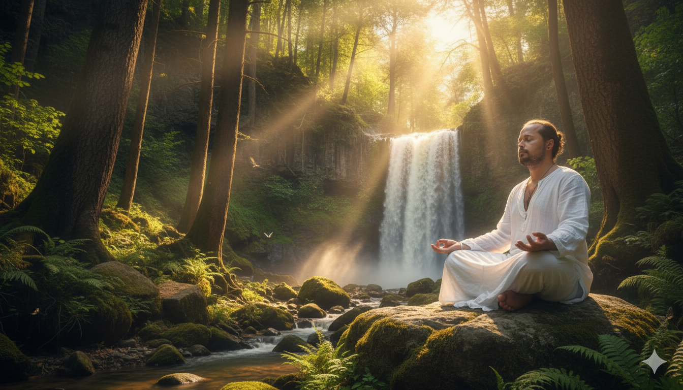 Meditación en bosque con cascada